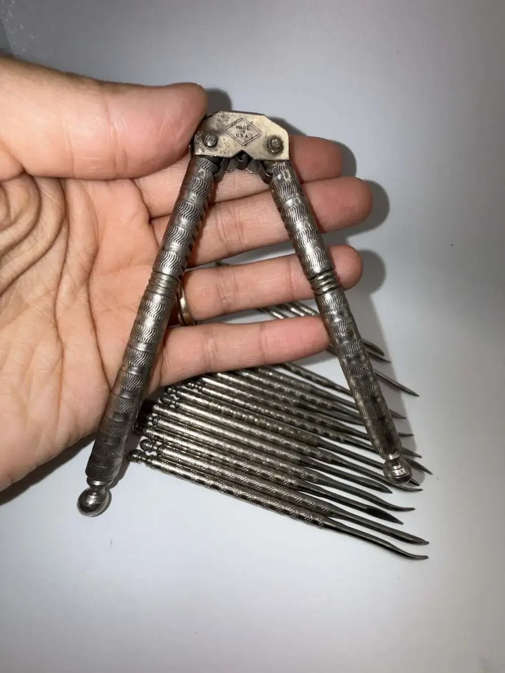 Vintage HMQ Nickel Plated Nutcracker and 12-Piece Nut Pick Set